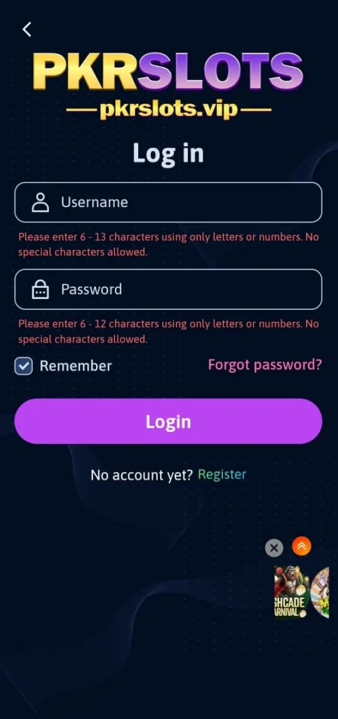 PKR Slots Game Login